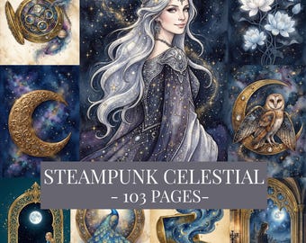 Moon Junk Journal Kit, Steampunk Celestial Printable Pages, Astrology Scrapbook Paper, Astronomy Ephemera, Moon Journal Kit