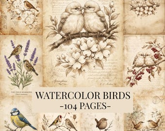 Páginas de diario creativo con pájaros en acuarela vintage / Kit de efímeros botánicos (descarga digital)