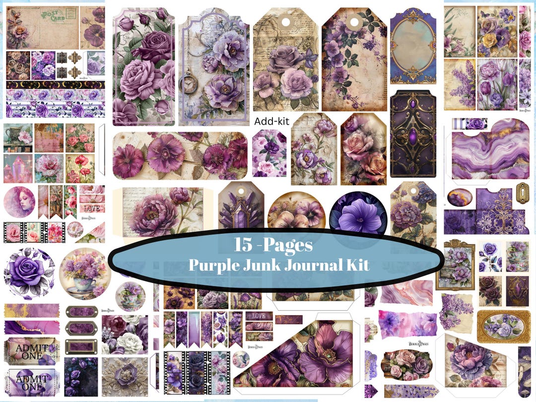 Purple Junk Journal Kit | Violet Floral Vintage Ephemera (digital ...