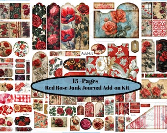 Kit de diario basura Red Rose / Efímeras florales vintage, insertos para álbumes de recortes (descarga digital)