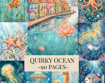 Páginas de diario con temática oceánica y divertidas ilustraciones submarinas (descarga digital)
