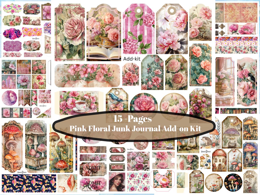 Pink Floral Junk Journal Add-on Kit | Vintage Botanical Ephemera ...