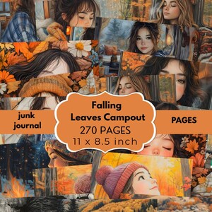 Könnte beinhalten: Eine Collage von Illustrationen mit Frauen und Herbstszenen. Das zentrale Bild zeigt "Falling Leaves Campout" mit "270 PAGES" und den Maßen "11 x 8,5 Zoll". Die Farbpalette umfasst Orange-, Braun- und Blautöne.