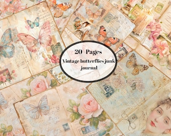 Páginas de diario vintage con mariposas / Kit de álbum de recortes de naturaleza antigua (descarga digital)