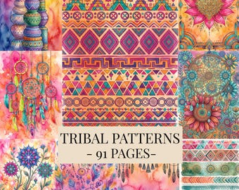 Páginas de diario estilo Boho Tribal, papeles digitales étnicos, hojas para collage (91 páginas)