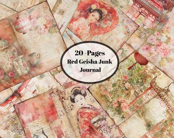 Páginas de diario basura de geishas rojas / Kit de álbum de recortes de kimono japonés vintage (descarga digital)