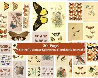 Páginas de diario vintage con mariposas y flores (descarga digital)