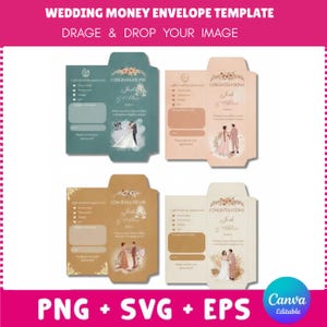以下が含まれることがあります： ティール、ピーチ、タン、クリーム色の4種類の結婚祝い用封筒テンプレート。それぞれに花のアクセント、「CONGRATULATIONS」、「Josh & Alex」の文字、カップルのイラストが描かれています。ギフトの詳細やメッセージを記入する欄が含まれています。