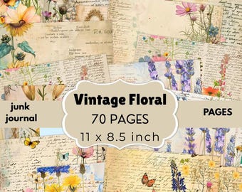 Páginas de diario de estilo vintage con motivos florales / Kit de efímeros botánicos antiguos (descarga digital)