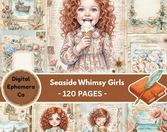 Kit de diario creativo Seaside Whimsy Girls, efímeros costeros, papeles digitales de playa (3584x5376px)
