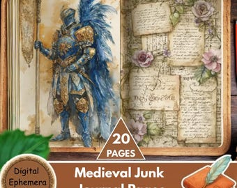 Páginas de diario medieval / Collage de efímeras de caballeros y dragones de fantasía (descarga digital)