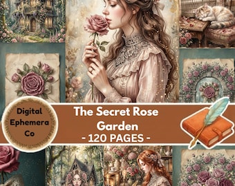 Kit de diario creativo "Jardín de Rosas Secreto", efímeros florales vintage, papeles digitales románticos (descarga instantánea)
