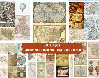 Páginas de diario basura con mapas antiguos efímeros / Ilustraciones de viajes antiguas (descarga digital)
