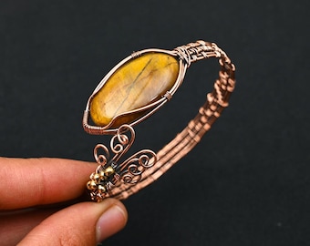 Tiger Eye Copper Wire Wrap Bangle, Adjustable Gemstone Cuff Bracelet