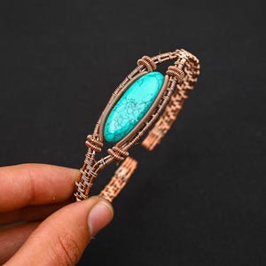Bracelet jonc bleu turquoise en cuivre, manchette réglable faite main, bracelet bohème avec pierres précieuses