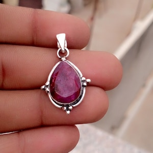 Handmade Ruby Pendant, 925 Sterling Silver, Pear Cut Gemstone Drop Pendant