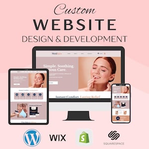 May include: A digital illustration showcasing website design and development services. The image features a desktop computer, tablet, and smartphone displaying a website interface. The text reads "Custom WEBSITE DESIGN & DEVELOPMENT."