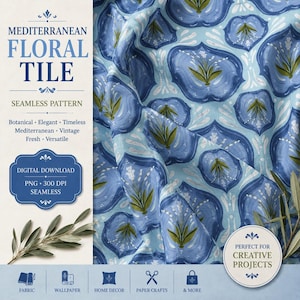 Peut inclure: Un téléchargement numérique présentant un motif floral méditerranéen sans couture avec des motifs botaniques bleus et verts sur fond bleu clair. Le texte indique Mediterranean Floral Tile, Seamless Pattern, Botanical, Elegant, Timeless, Mediterranean, Vintage, Fresh, Versatile, Digital Download, PNG, 300 DPI, Seamless, Perfect for Creative Projects.