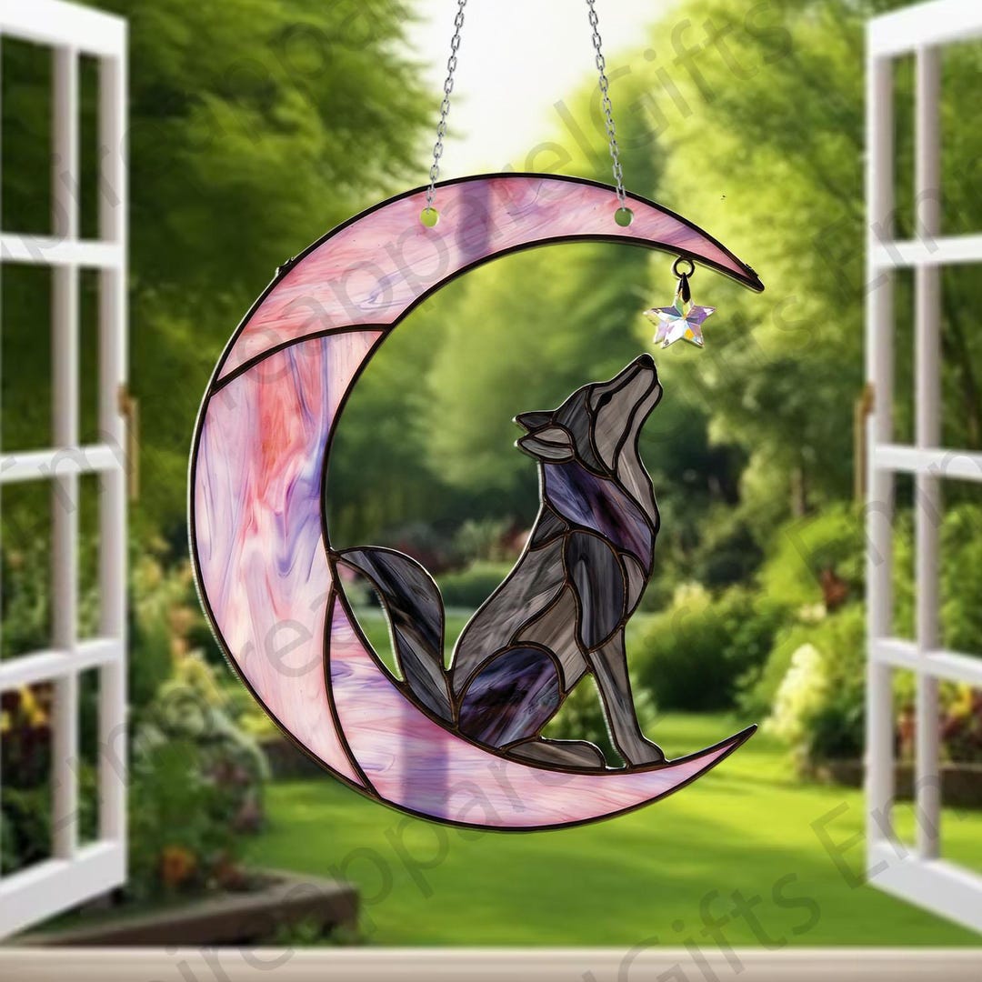 Window Howling Pink Moon Suncatcher Window Hanging, Stained Glass Howling Wolf ...