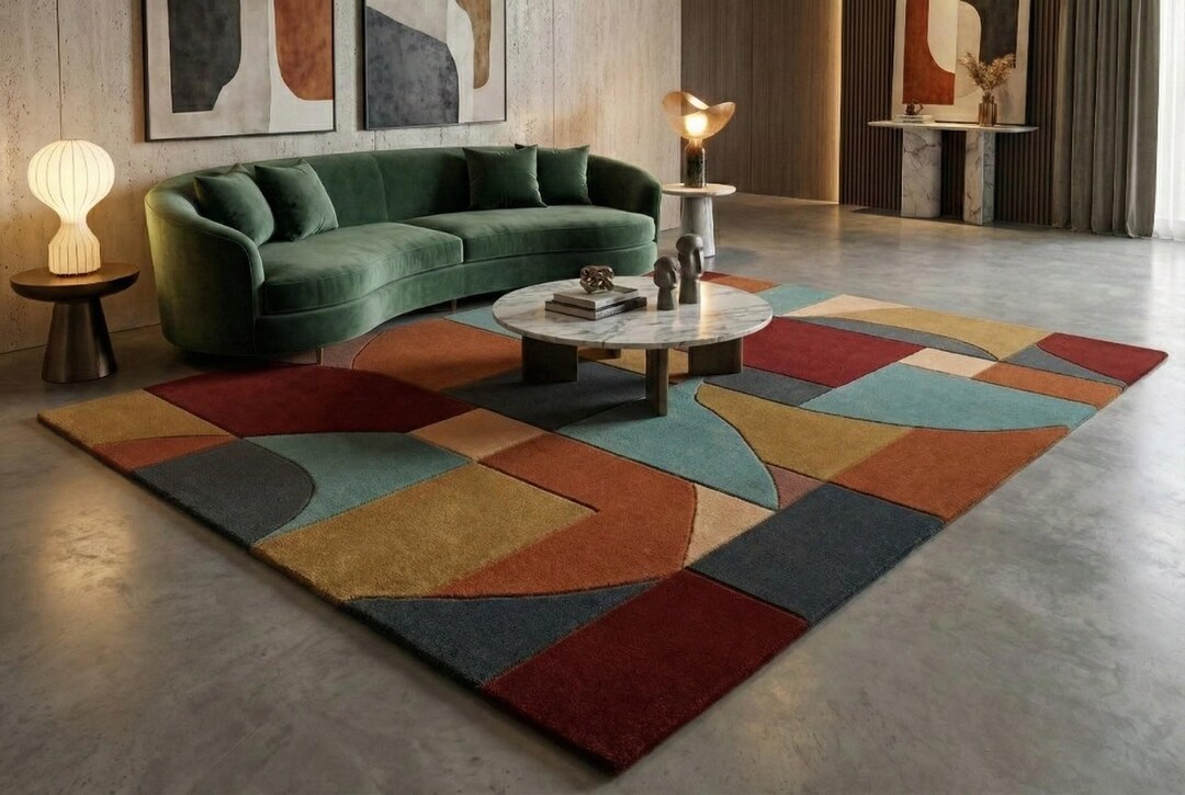 Modern Abstract Area Rug | Hand Tufted Geometric Wool Carpet | Colorful ...