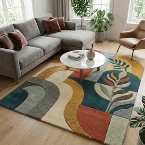 Modern abstract hand-tufted rug with geometric shapes and leaf pattern in teal, mustard, rust, and neutral tones placed in a stylish living room.