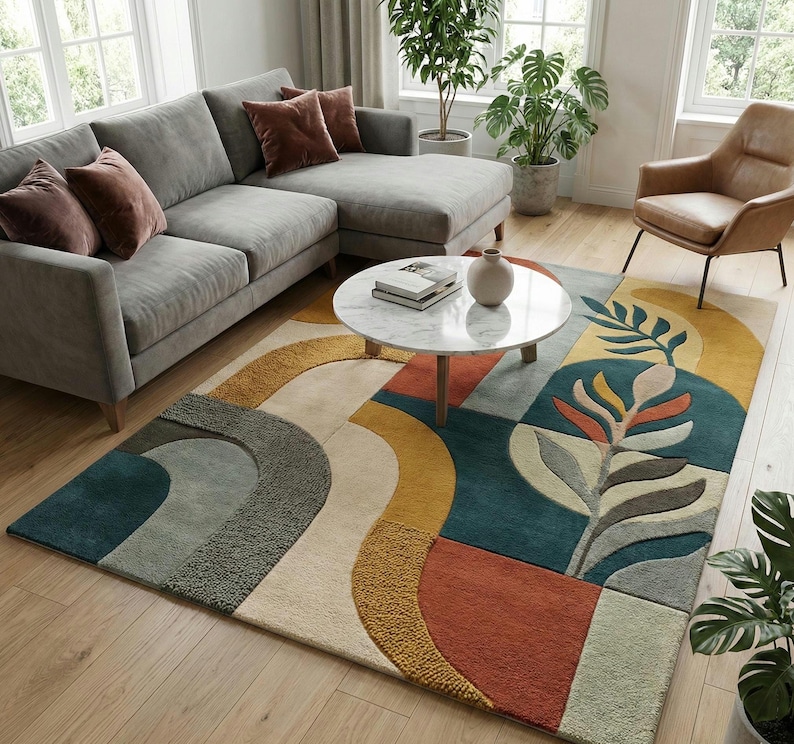 Modern abstract hand-tufted rug with geometric shapes and leaf pattern in teal, mustard, rust, and neutral tones placed in a stylish living room.