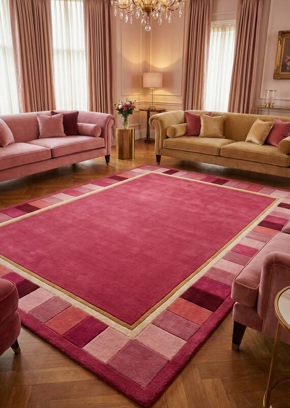 Hand Tufted Pink Area Rug with Geometric Border,Luxury Blush & Rose Living Room Carpet, Modern Custom Size Bedroom Rug, Soft Plush Statement
