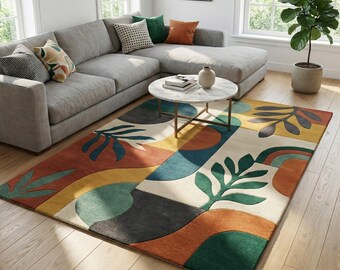 Alfombra moderna abstracta con mechones hechos a mano, colorida alfombra botánica, alfombra contemporánea para sala de estar, decoración geométrica floral.