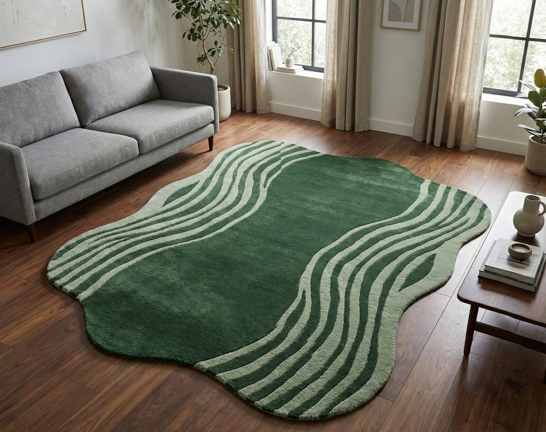 Full Hand Tufted Green Abstract Rug – Modern Wavy Shape Area Rug ...