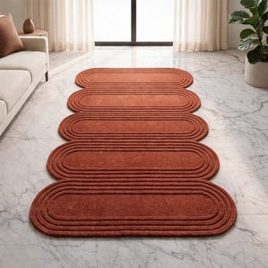 Alfombra moderna tejida a mano, alfombra de lana color terracota óxido, alfombra ovalada de capas irregulares, alfombra minimalista de mármol para el suelo, para el pasillo de la sala de estar.