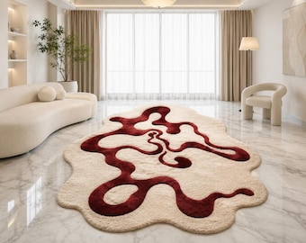 Alfombra abstracta de lana tejida a mano, alfombra moderna irregular, alfombra ondulada color crema burdeos, decoración de lujo estilo boho para sala de estar y dormitorio.