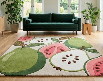 Alfombra de frutas tejida a mano, moderna alfombra botánica, con estampado de guayaba, bonita y estética, decoración para sala de estar, hecha a mano.