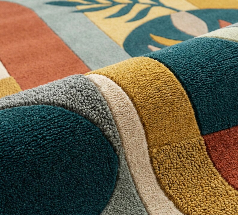 Modern abstract hand-tufted rug with geometric shapes and leaf pattern in teal, mustard, rust, and neutral tones placed in a stylish living room.