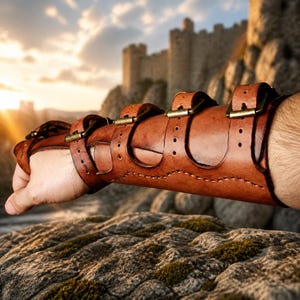 May include: A brown leather forearm bracer featuring three adjustable straps with antique brass-toned metal buckles. The leather is stitched along the edges and includes a thumb loop at the wrist, designed to fit securely around the lower arm.