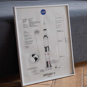 Puede incluir: Impresión enmarcada del cohete Saturno V, misión Apolo 11. La impresión incluye diagramas detallados, el logotipo de la NASA y la cita "That's one small step for a man, one giant leap for mankind." El marco es blanco.