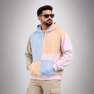 Patchwork Color Block Hoodie, Oversized Pastel Streetwear Pullover