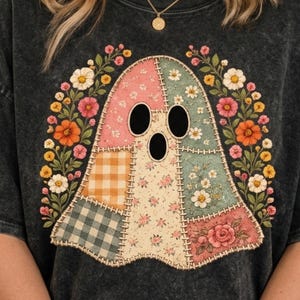 Patchwork Floral Ghost Png,Checkered Floral Boho Fall Shirt Design,Retro Ghost Png,Preppy Distressed Halloween Sublimation,Trendy Viral Png