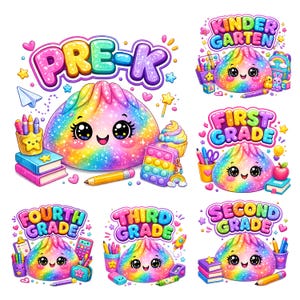 Könnte beinhalten: Eine Sammlung von sechs bunten Illustrationen mit regenbogenfarbenen, lächelnden, glitzernden Charakteren, umgeben von Schulmaterial. Jeder Charakter ist mit Textbeschriftungen wie Pre-K, Kindergarten, First Grade, Second Grade, Third Grade und Fourth Grade versehen, begleitet von Gegenständen wie Büchern, Stiften, Buntstiften und Rucksäcken.