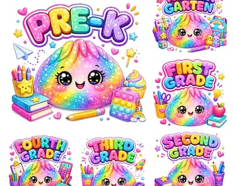 Glitter Dumpling School Bundle PNG, Kindergarten to Fourth Grade, Kawaii Back to School Shirt Design,Instant Download