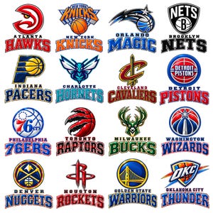 May include: A collection of sixteen professional basketball team logos arranged in a grid. Each emblem features unique team colours, mascots, or symbols, accompanied by the city name and team name in bold, stylised lettering below each graphic icon.
