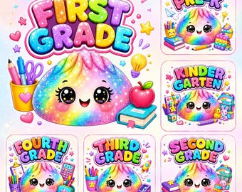 Back to School PNG Bundle, Glitter Dumpling School Bundle Pre-K Kindergarten First Second Third Fourth Grade Shirt Design Kawaii Sublimation