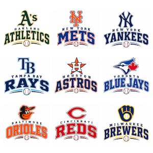 May include: A collection of nine Major League Baseball team logos arranged in a grid, including the Oakland Athletics, New York Mets, New York Yankees, Tampa Bay Rays, Houston Astros, Toronto Blue Jays, Baltimore Orioles, Cincinnati Reds, and Milwaukee Brewers.