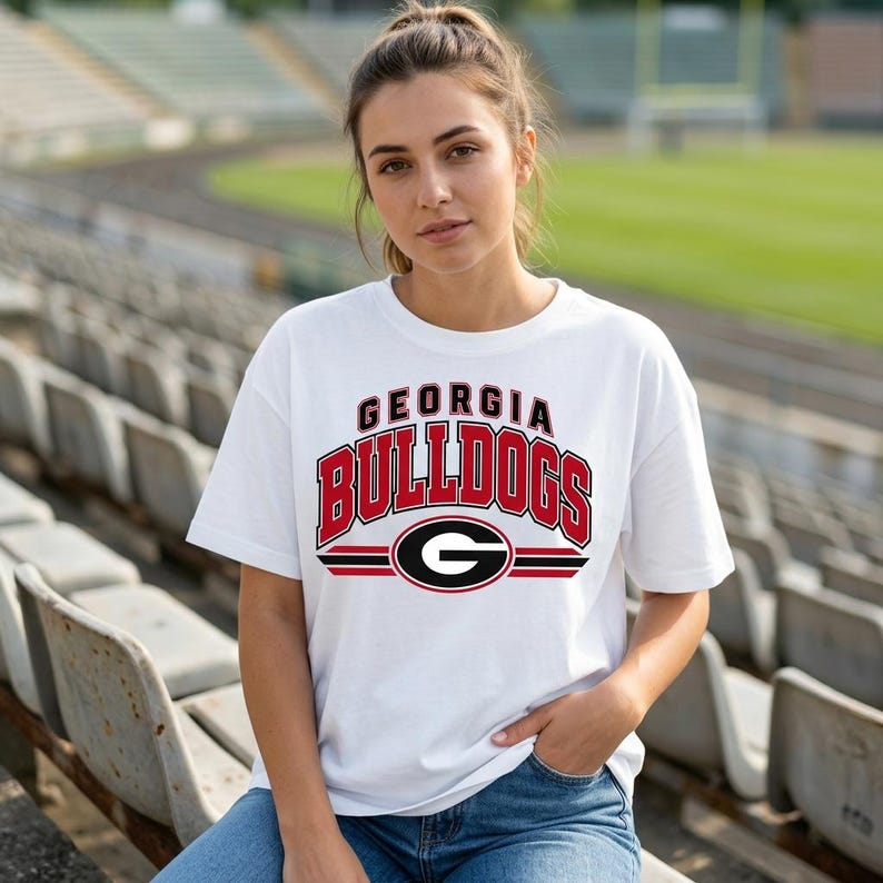 May include: A white short-sleeved t-shirt featuring the text GEORGIA BULLDOGS in red and black lettering with a black and red G logo centered below the text on the front of the garment.