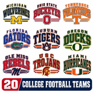 May include: A collection of nine college football team logos including Michigan Wolverines, Ohio State Buckeyes, Tennessee Volunteers, Florida Gators, Auburn Tigers, Oregon Ducks, Ole Miss Rebels, USC Trojans, and Miami Hurricanes, with the text 20 COLLEGE FOOTBALL TEAMS.