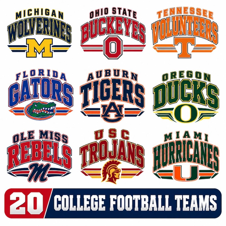 May include: A collection of nine college football team logos including Michigan Wolverines, Ohio State Buckeyes, Tennessee Volunteers, Florida Gators, Auburn Tigers, Oregon Ducks, Ole Miss Rebels, USC Trojans, and Miami Hurricanes, with the text 20 COLLEGE FOOTBALL TEAMS.