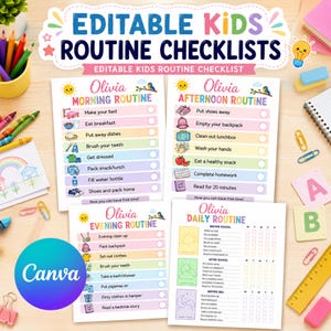 Puede incluir: Cuatro listas de control de rutinas imprimibles para niños con filas de colores pastel, iconos y el nombre Olivia. Las hojas incluyen rutinas de mañana, tarde y noche con casillas de verificación, además de un gráfico de rutina diaria semanal.