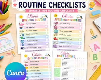 Kids Daily Routine Checklist | Editable School Day Checklist | Morning, After School & Evening | Canva Template