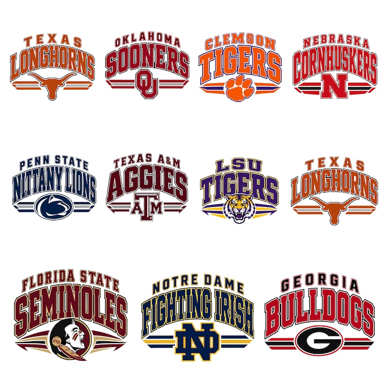 May include: A collection of eleven collegiate sports team logos arranged in three rows. The logos feature various team names and mascots including Texas Longhorns, Oklahoma Sooners, Clemson Tigers, Nebraska Cornhuskers, Penn State Nittany Lions, Texas A&M Aggies, LSU Tigers, Florida State Seminoles, Notre Dame Fighting Irish, and Georgia Bulldogs in their respective team colors.