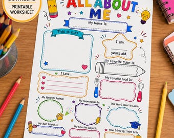 All About Me Worksheet Printable, Back to School Classroom Activity, Preschool Kindergarten| Get to know Me, First Day PDF, Digital Download