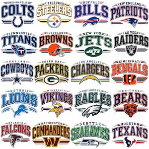 May include: A collection of twenty NFL team logos arranged in a grid, featuring the Indianapolis Colts, Pittsburgh Steelers, Buffalo Bills, New England Patriots, Tennessee Titans, Cleveland Browns, New York Jets, Las Vegas Raiders, Dallas Cowboys, Green Bay Packers, Los Angeles Chargers, Cincinnati Bengals, Detroit Lions, Minnesota Vikings, Philadelphia Eagles, Chicago Bears, Atlanta Falcons, Washington Commanders, Seattle Seahawks, and Houston Texans.